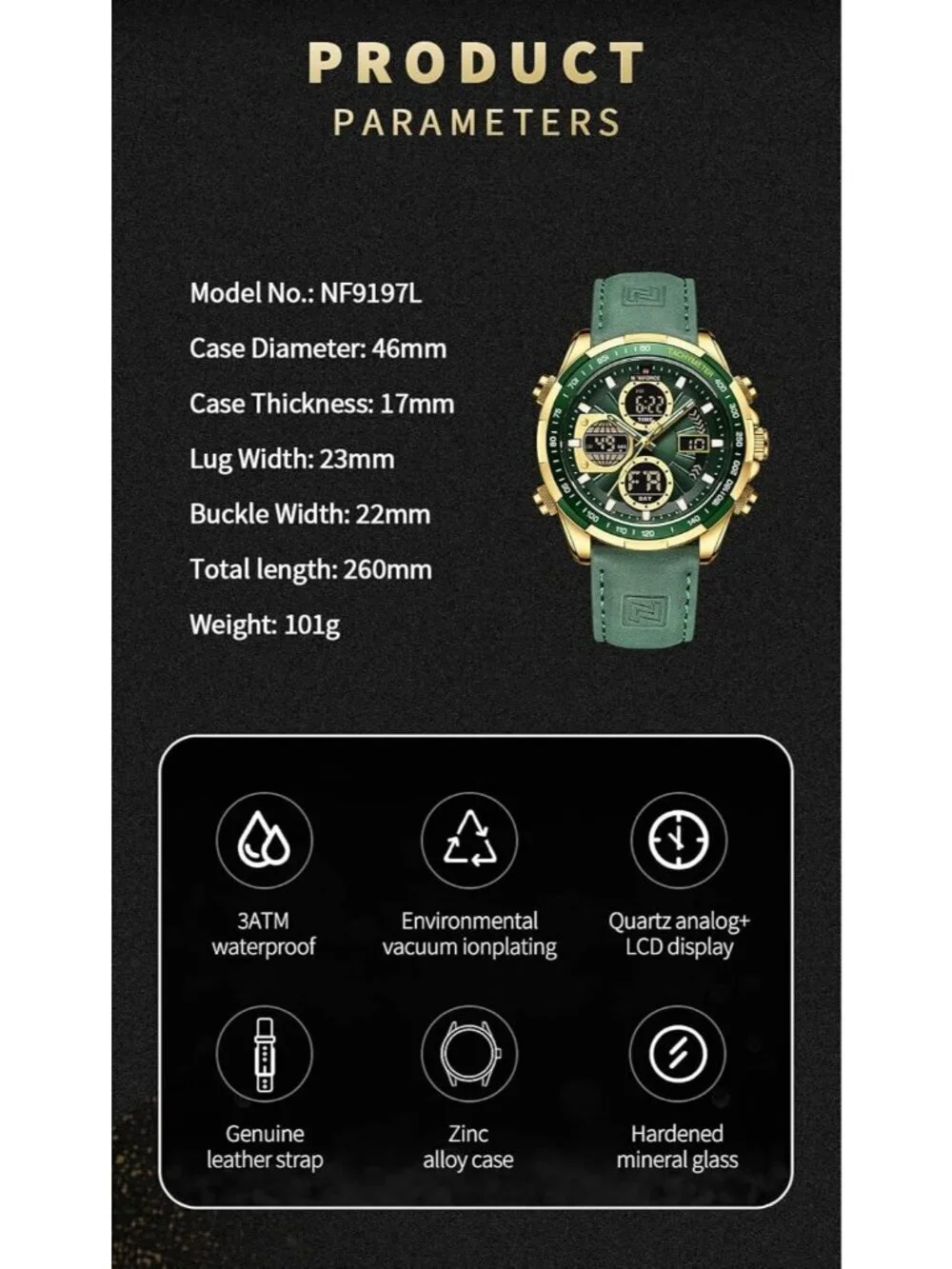 Men's Green And Gold Analog Quartz Waterproof Chronograph Stylish Casual Watch